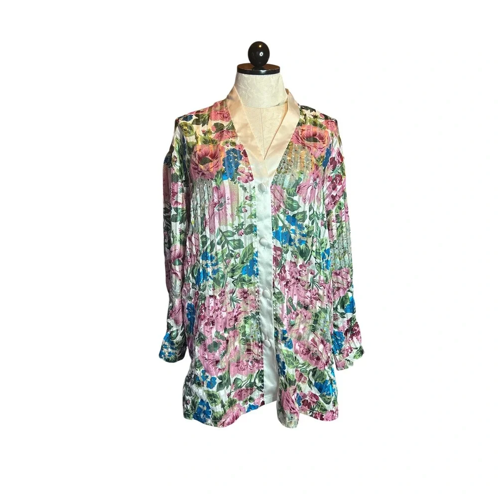 Victorias Secret VTG Gold Label Floral Metallic Stripe Sleep Shirt Top Sz L